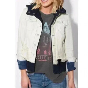 Free People distressed Layered denim jacket‎ with hoodie off white